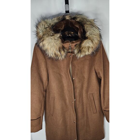 Nine West Hooded Faux Fur Trim Wool Blend Peacoat Size XL Brown Long Jacket - Picture 2 of 9